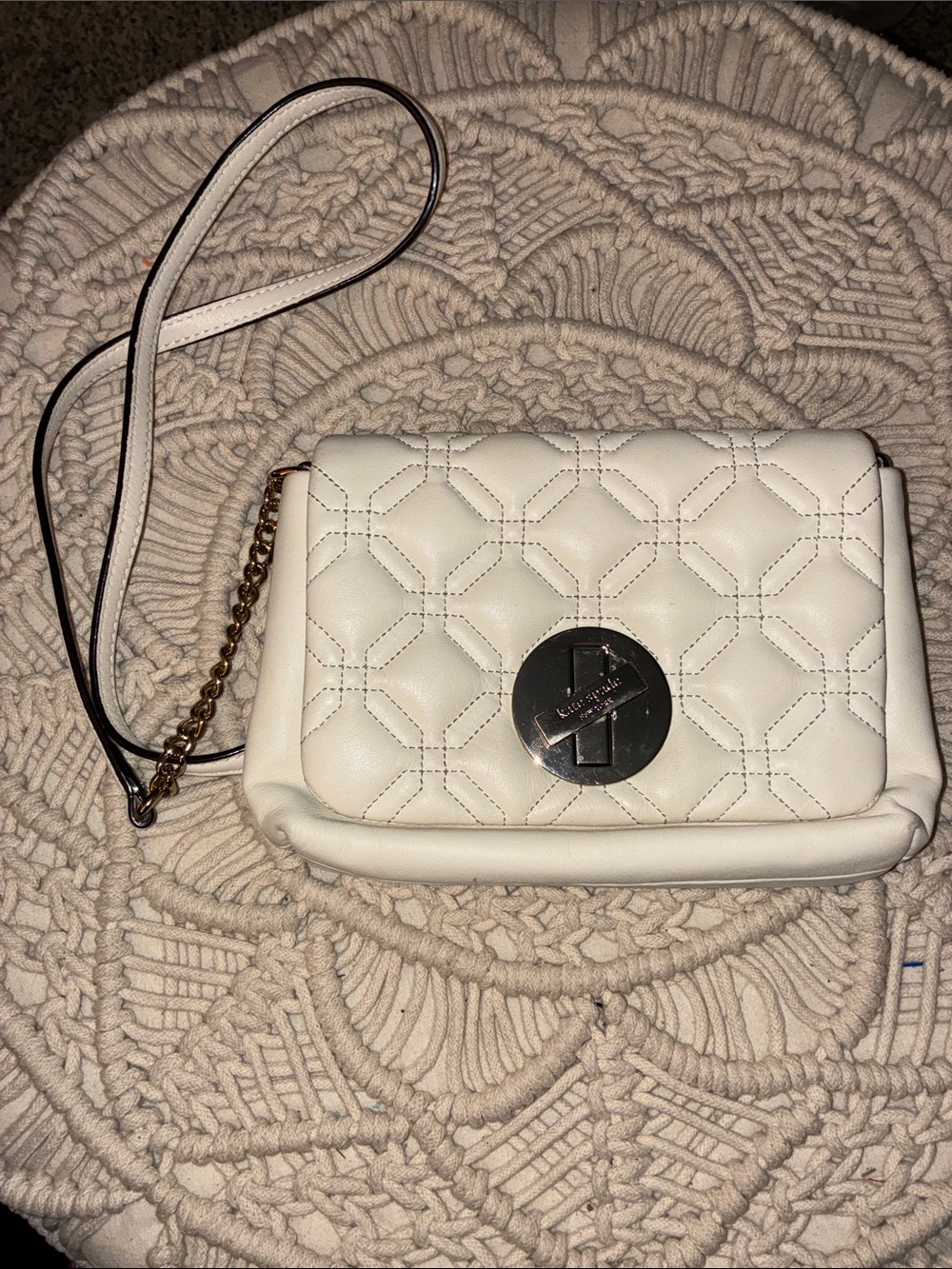 kate spade White Quilted Leather Crossbody‎ with Gold Chain